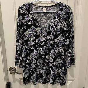 KIM & CO Tunic Blouse 3/4 Sleeves V-neck BLACK VIOLET XL